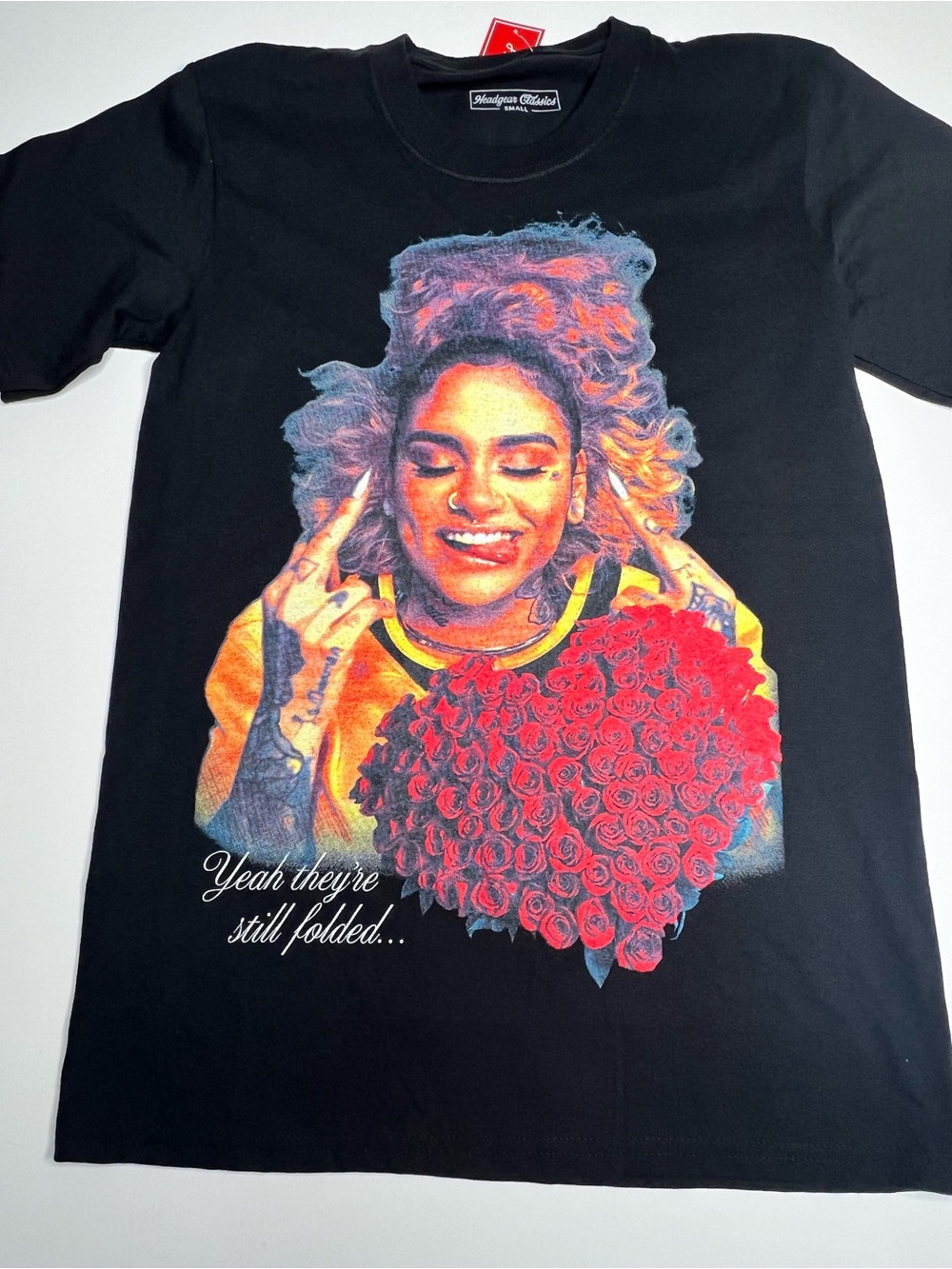 Kehlani Jordan Graphic Black Tee with Colorful Portrait and Red Roses